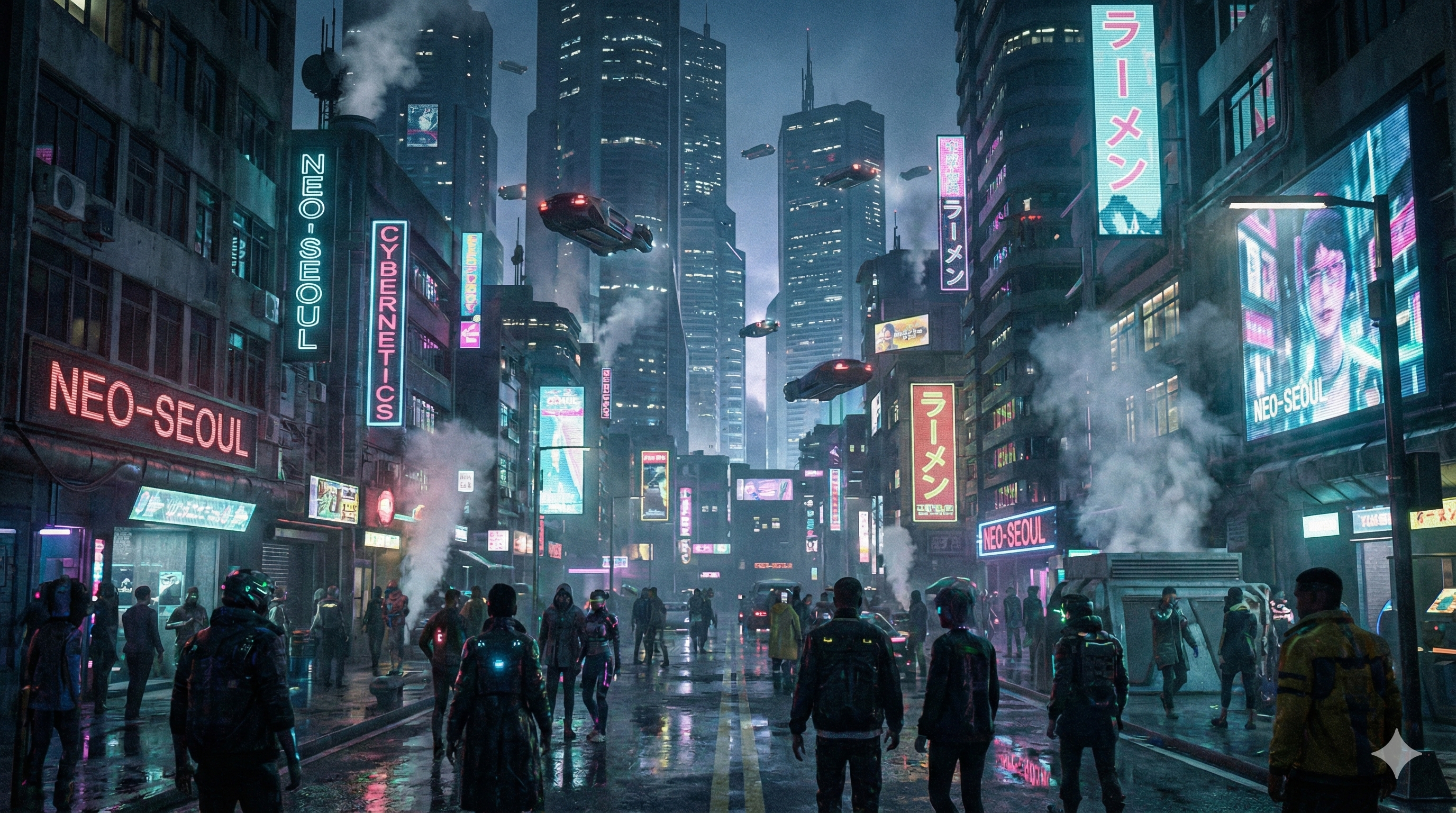 나노 바나나 프로 프롬프트로 생성한 사이버펑크 스타일의 미래 도시 야경 이미지